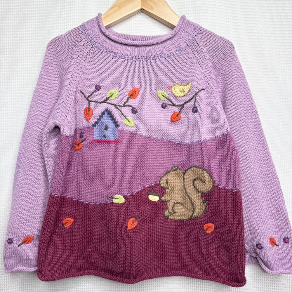Vintage Lands End Girls 4T Fall Squirrel Birdhouse Cotton Knit Sweater Purple